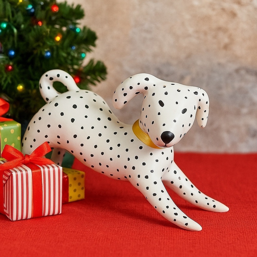 Spotted Dalmatian Puppy Figurine Playful Pose Black White Gold Collar Dog